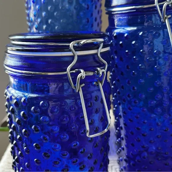 Vintage cobalt blue hobnail glass canisters set of three - Picture 2 of 11